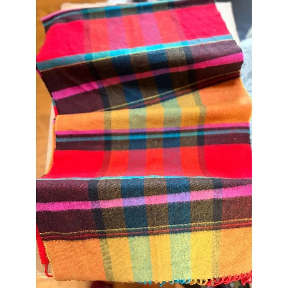 Bright Plaid Fringe Scarf Multicolor Tartan 15”x64”